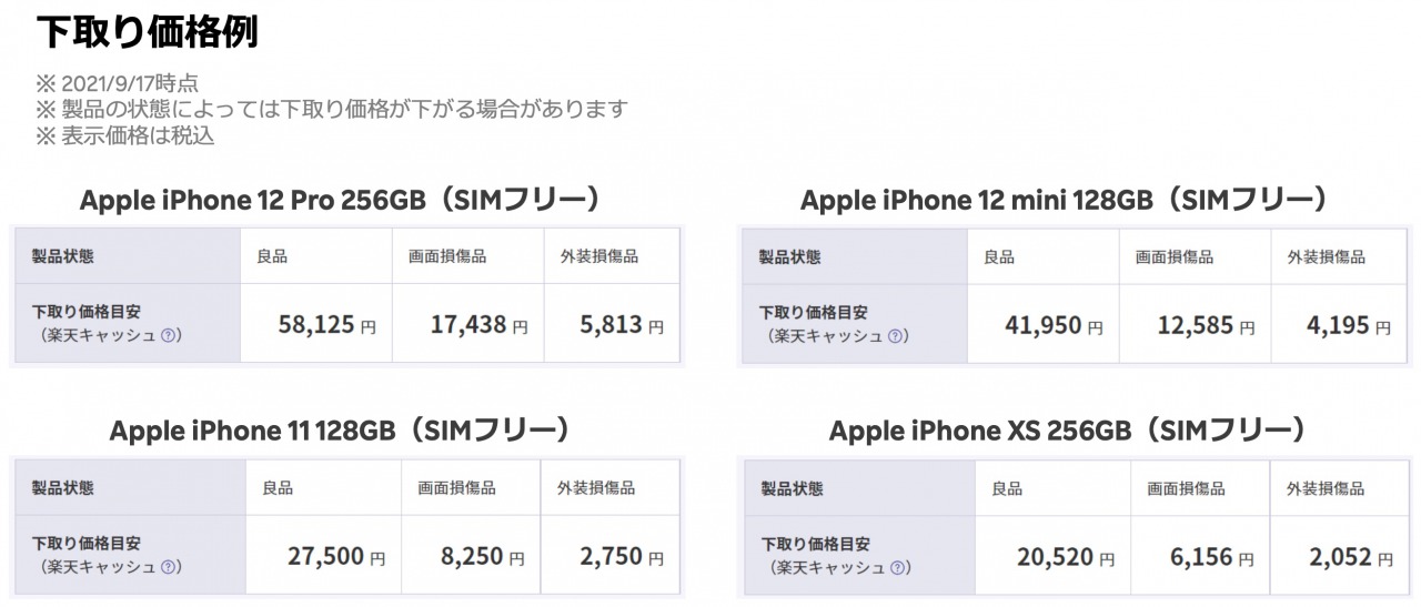 iPhoneの下取り価格例